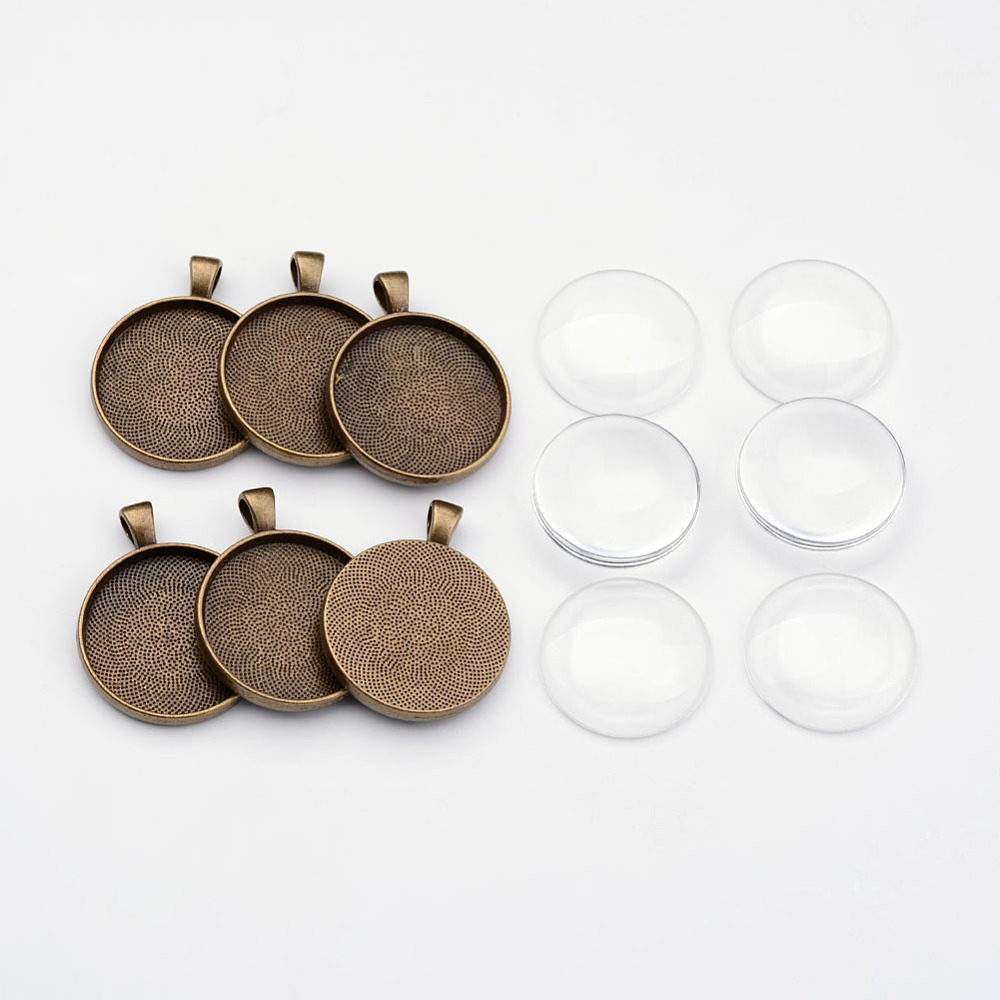PandaHall Pendant Makings Sets, with Alloy Pendant Cabochon Settings, Glass Cabochons,  Flat Round, Antique Bronze, 41x33x6mm, Hole: 6x4mm;...