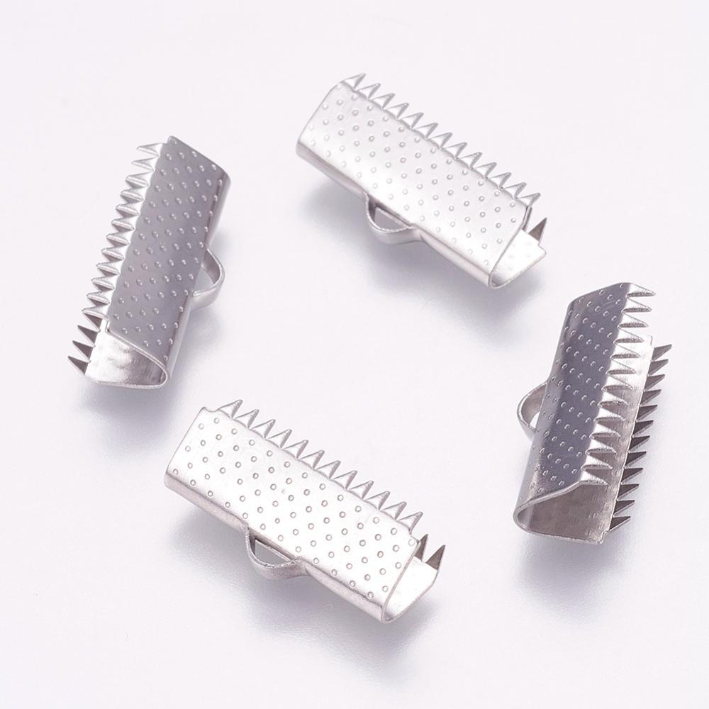 PandaHall 304 Stainless Steel Ribbon Ends, Stainless Steel Color, 9.5x20x6mm, Hole: 1.5x3mm Stainless Steel