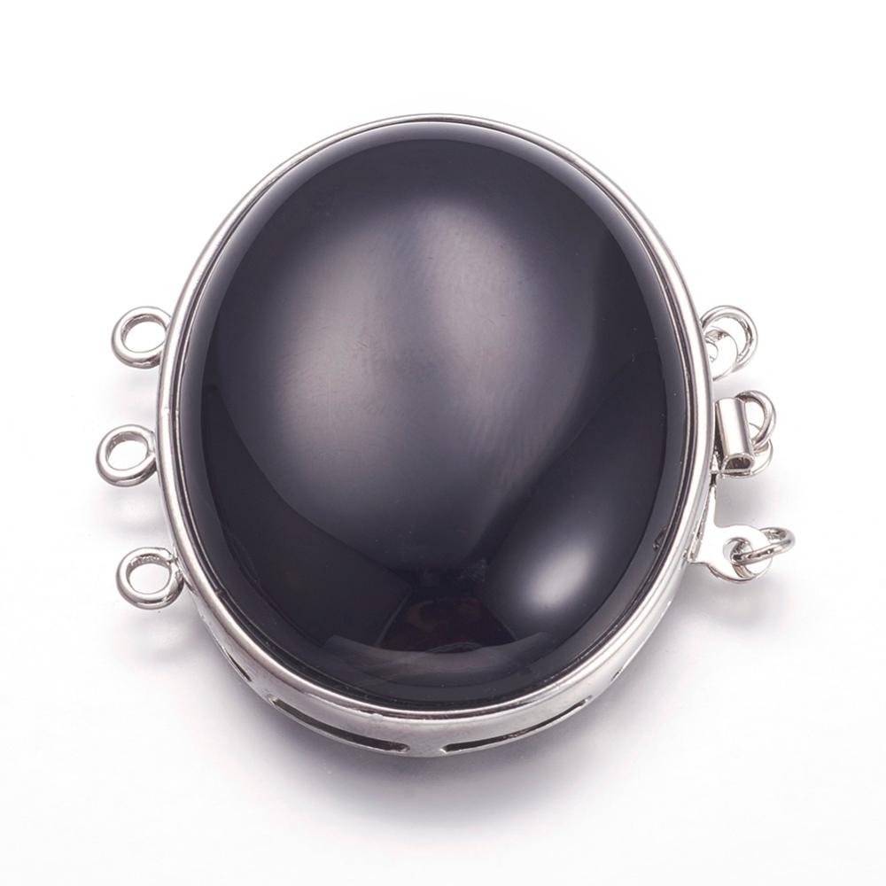 PandaHall Natural Black Agate Box Clasps, Multi-Strand Clasps, with Platinum Tone Brass Findings, Oval, 42.5x39x11mm, Hole: 2mm Black Agate...