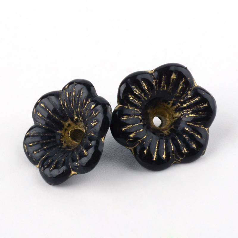PandaHall Flower Plating Acrylic Beads, Golden Metal Enlaced, Black, 13.5x13.5x5.5mm, Hole: 1mm Acrylic Flower Black