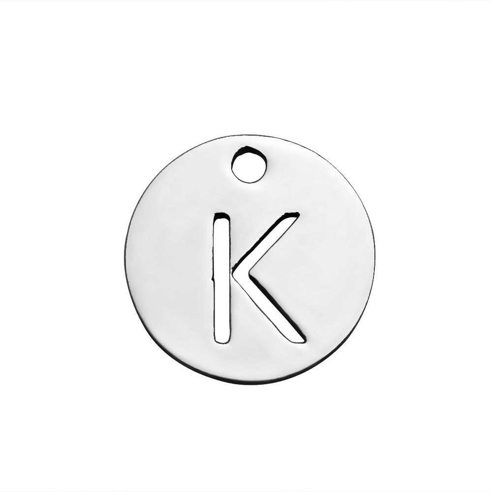 PandaHall 304 Stainless Steel Charms, Flat Round with Letter, Stainless Steel Color, Letter.K, 12x1mm, Hole: 1.5mm Stainless Steel Flat...