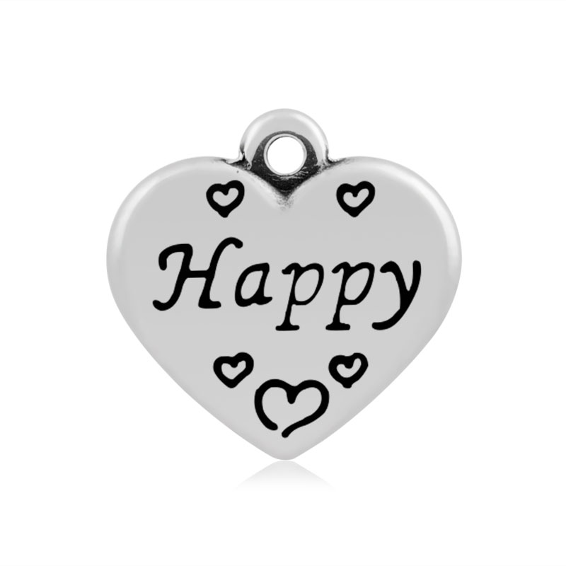 PandaHall Heart with Word Happy 316 Stainless Steel Pendants, Antique Silver, 16x16.5x4mm, Hole: 2mm Stainless Steel Heart