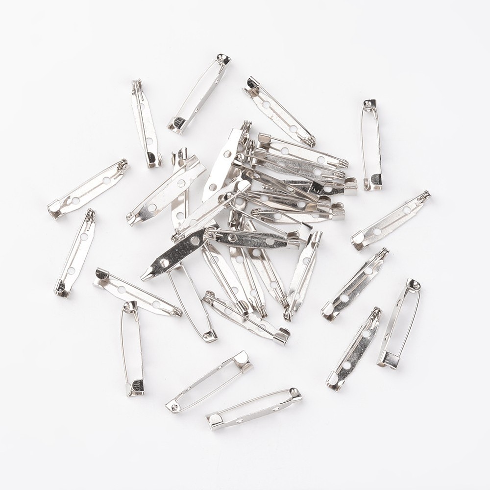 PandaHall Platinum Iron Pin Backs Brooch Safety Pin Findings, about 30mm long, 5mm wide, 6mm thick Iron