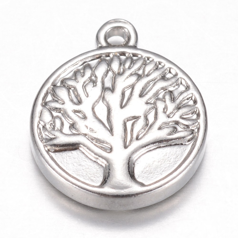 PandaHall 304 Stainless Steel Pendants, Flat Round, Tree of Life, Stainless Steel Color, 16x13x3mm, Hole: 1mm Stainless Steel Flat Round
