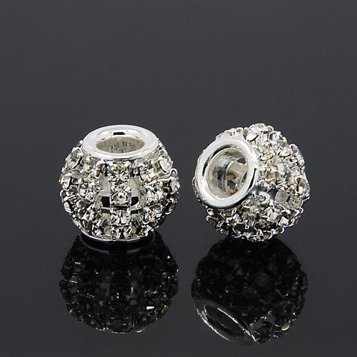 PandaHall Brass Rhinestone European Beads, Large Hole Beads, Rondelle, Silver Metal Color, Crystal, 12x10mm, Hole: 4mm Rondelle