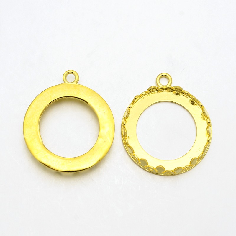 PandaHall Flat Round Brass Open Back Pendant Cabochon Settings, Golden, Tray: 25mm; 32x28x5mm, Hole: 3mm Brass Flat Round