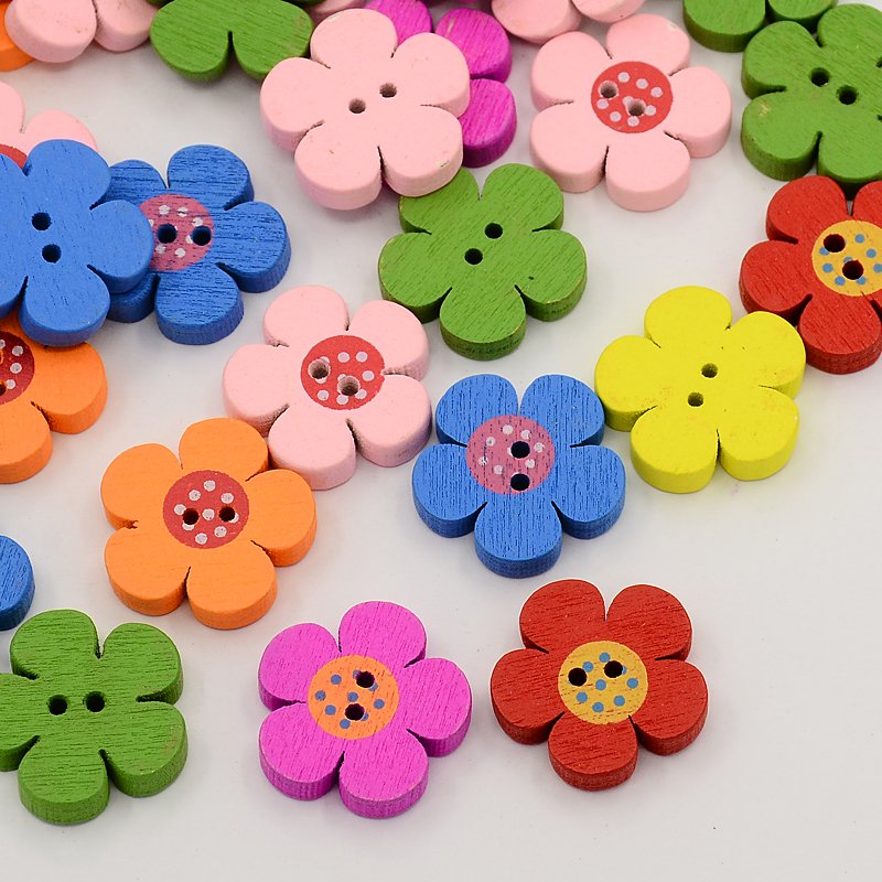 PandaHall Wooden Buttons, Dyed, 2-Hole, Flower, Mixed Color, 19x19x4mm, Hole: 2mm Wood Flower Multicolor