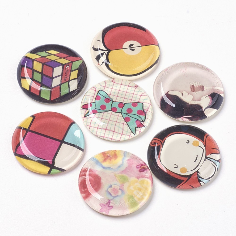 PandaHall Tempered Glass Cabochons, Half Round/Dome, Mixed Color, Size: about 33mm in diameter, 7mm thick Glass Half Round