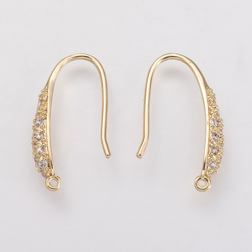 PandaHall Brass Micro Pave Cubic Zirconia Earring Hooks, Real Gold Plated, 19.5x3x9mm, Hole: 1mm; Pin: 1mm Brass