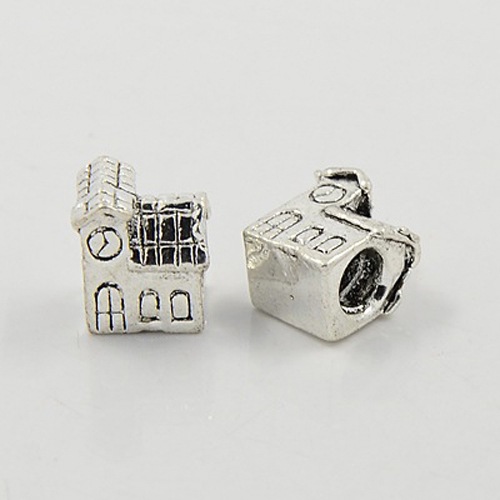 PandaHall Alloy European Stopper Beads, Large Hole Beads, House, Antique Silver, about 10.5mm wide, 9mm long, 9mm thick, hole: 4mm Alloy...