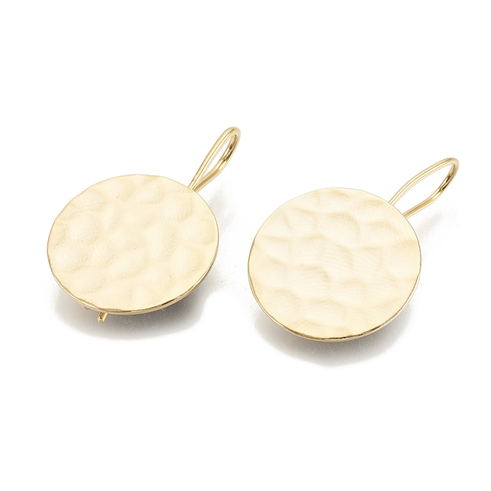PandaHall Hammered Brass Earring Hooks, Flat Round, Real Gold Plated, 20mm, Hole: 2mm, Pin: 0.7mm Brass