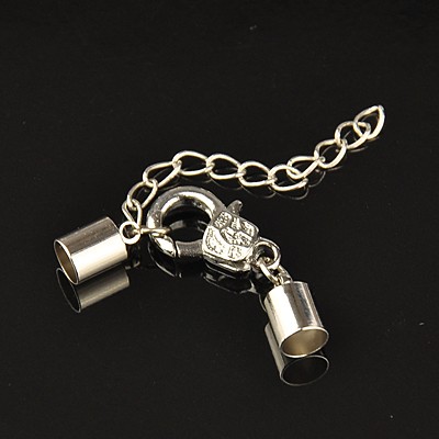 PandaHall Terminators, with Brass Side Twist Extender Chains, Alloy Lobster Claw Clasps and Brass Cord Ends, Platinum, 85mm Alloy