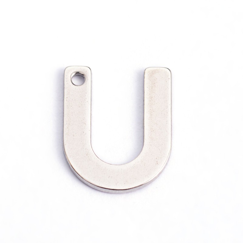 PandaHall 304 Stainless Steel Letter Charms, Letter.U, 11x9x0.8mm, Hole: 1mm Stainless Steel Alphabet