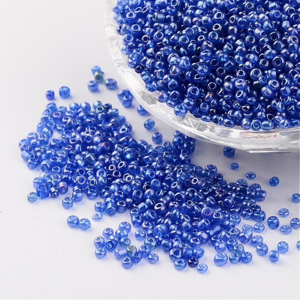 PandaHall Round Glass Seed Beads, Trans. Colours Lustered, Blue, Size: about 2mm in diameter, hole: 1mm; about 3306pcs/50g Glass Blue