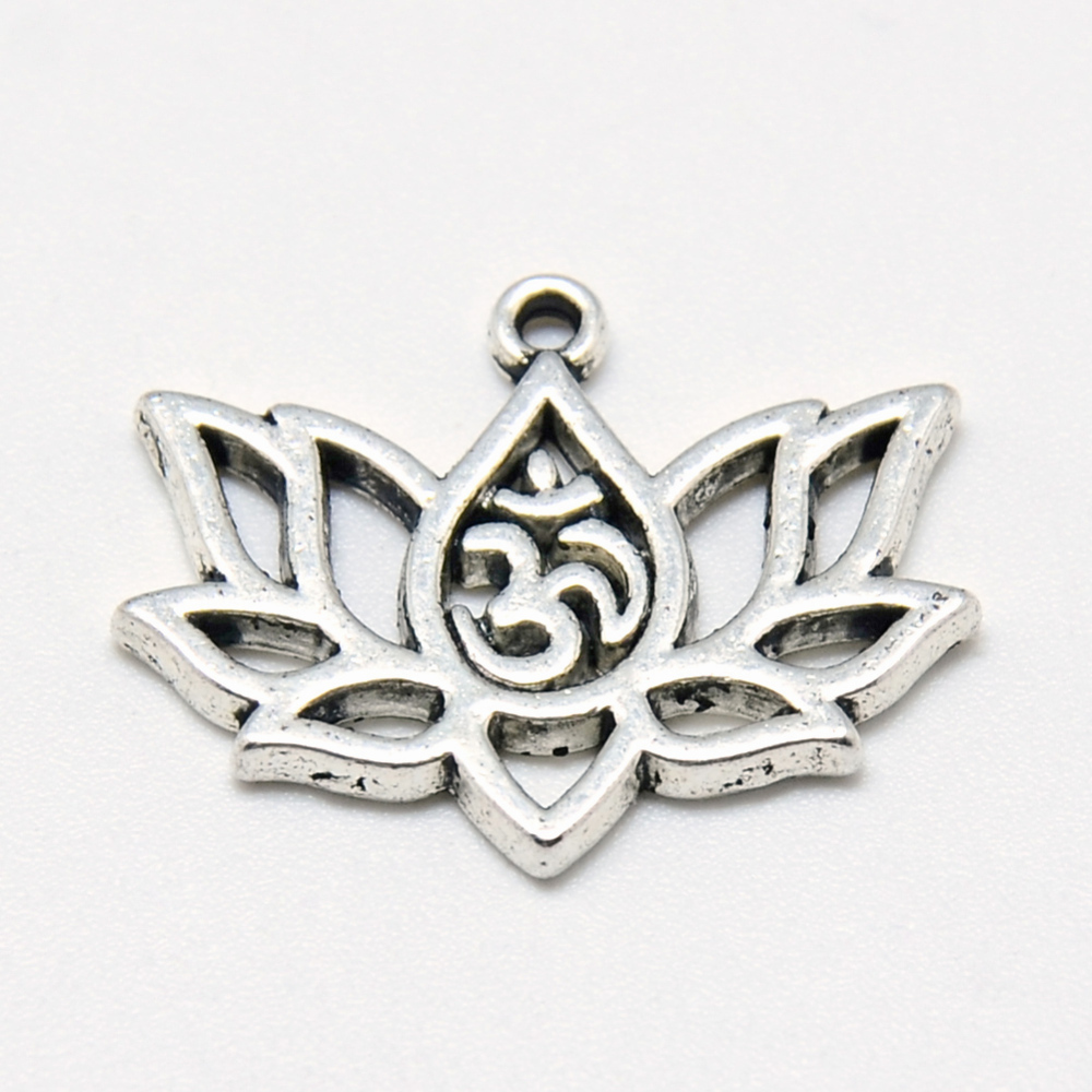 PandaHall Tibetan Style Alloy Pendants, Lotus with Ohm/Aum, Cadmium Free & Nickel Free & Lead Free, Antique Silver, 16.5x20.5x1.5mm, Hole...