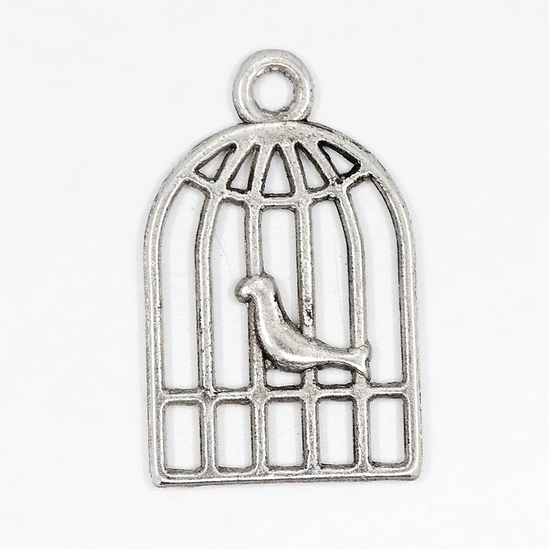 PandaHall Tibetan Style Pendants, Cadmium Free & Lead Free, Bird in Cage, Antique Silver, 19x12x1mm, Hole: 1.5mm Alloy Others