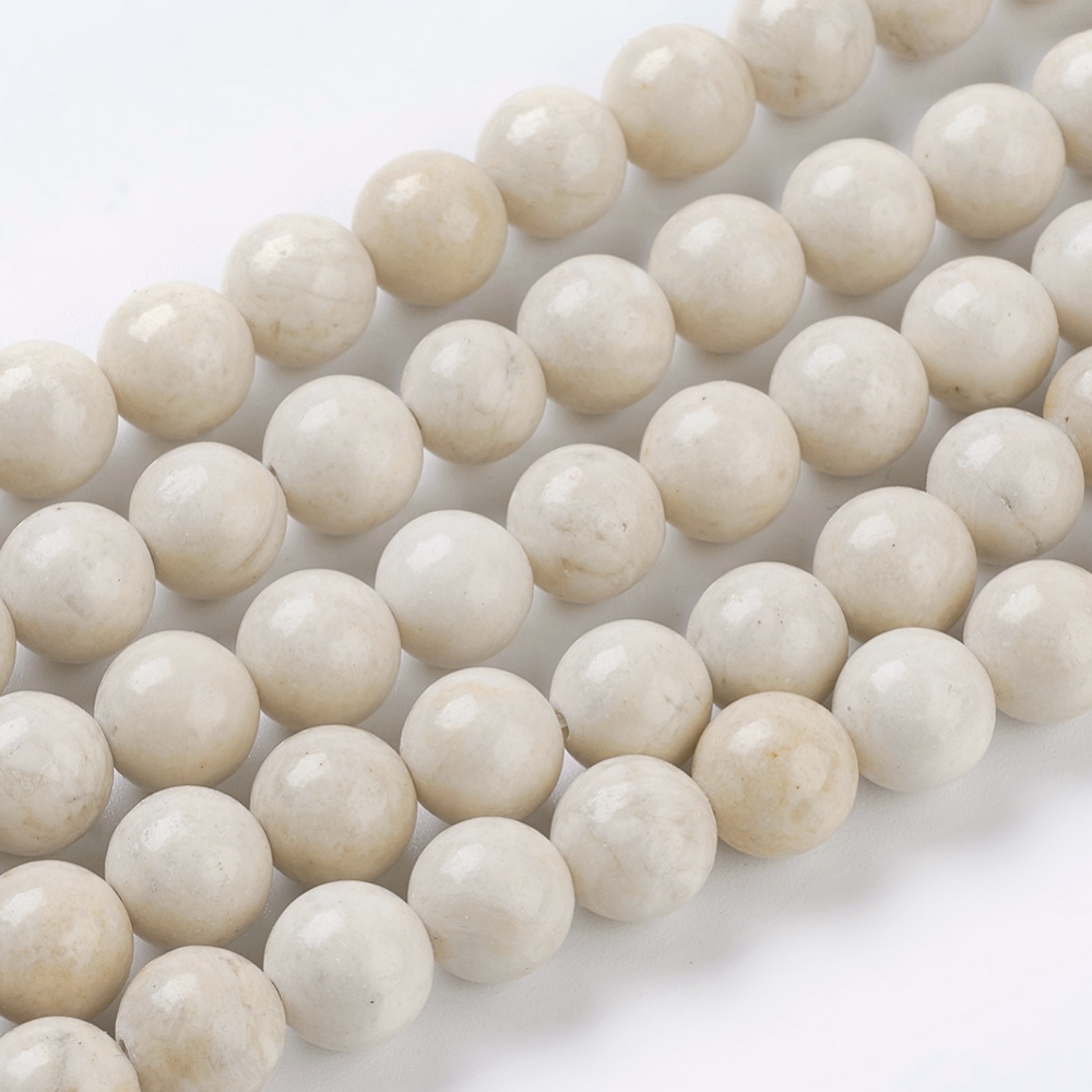 PandaHall Natural Fossil Beads Strands, Round, 8mm, Hole: 1mm Fossil Round White
