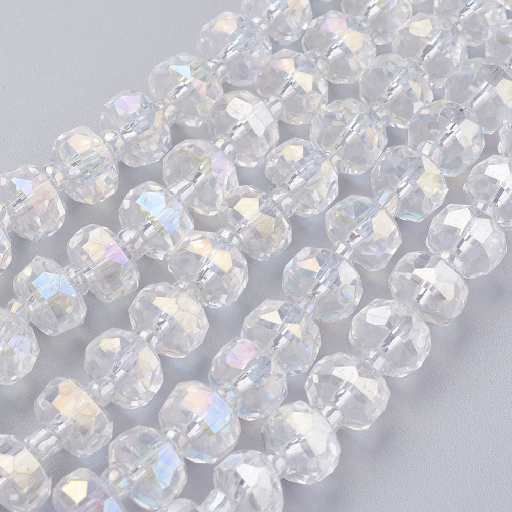 PandaHall Electroplate Glass Beads Strands, AB Color Plated, Faceted, Flat Round, Clear AB, 7.5~8mm, Hole: 1mm; about 50pcs/strand, 13.7"...