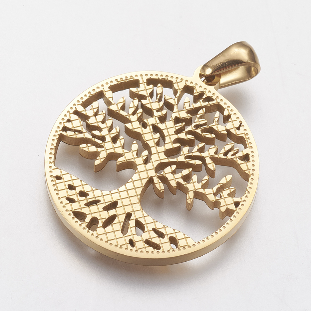 PandaHall 316 Stainless Steel Pendants, Flat Round with Tree, Golden, 27x25x2mm, Hole: 3x5mm Stainless Steel Flat Round
