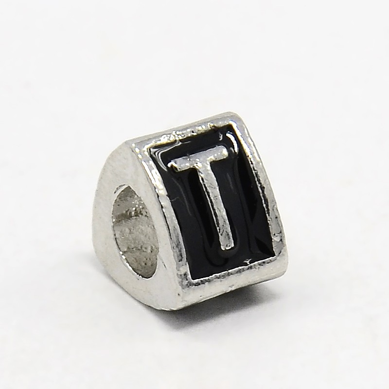 PandaHall Platinum Tone Zine Alloy Enamel European Beads, Large Hole Triangle Beads with Letter.T, 9x9x7mm, Hole: 5mm Alloy+Enamel Triangle...