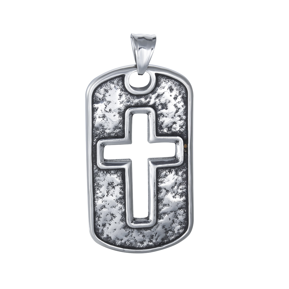 PandaHall 304 Stainless Steel Pendants, Rectangle with Cross, Antique Silver, 47x26x3mm, Hole: 5mm Stainless Steel Rectangle