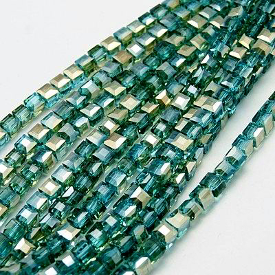 PandaHall Electroplate Glass Beads Strands, Half Plated, Faceted Cube, MediumTurquoise, 4x4x4mm, Hole: 1mm; about 100pcs/strand, 16.9" Cube...