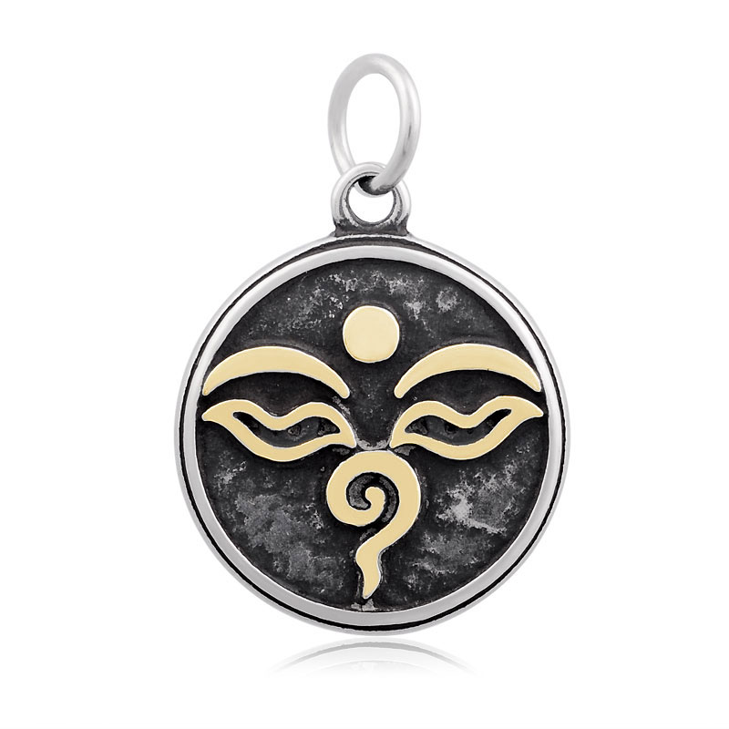 PandaHall 316 Stainless Steel Pendants, Flat Round with Buddha Eye, Antique Silver & Golden, 23x19x2.5mm, Hole: 5mm Stainless Steel Flat...