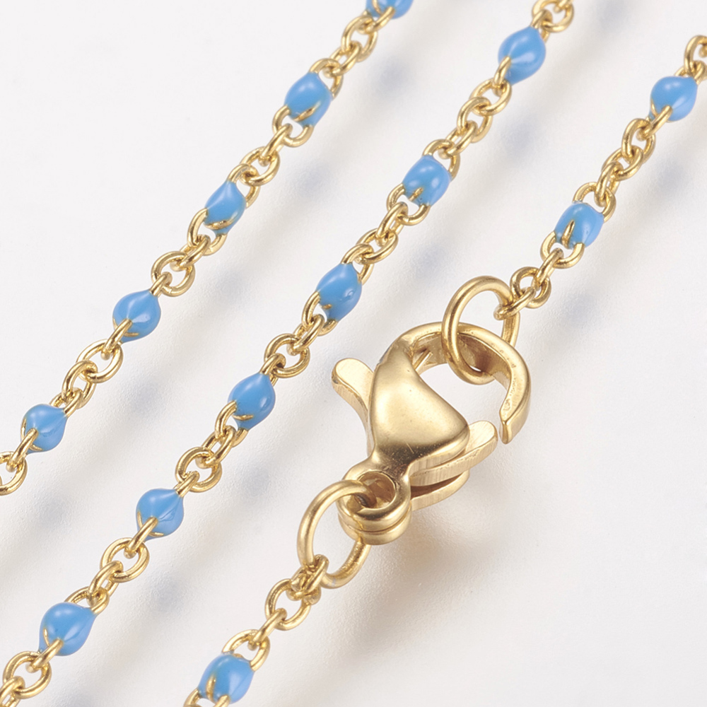 PandaHall 304 Stainless Steel Chain Necklaces, with Enamel, Golden, DeepSkyBlue, 17.91"(45.5cm); 2mm Stainless Steel Blue