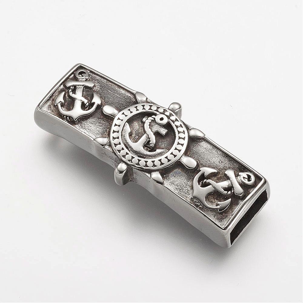 PandaHall 304 Stainless Steel Side Charms, Rectangle with Anchor & Helm, Antique Silver, 39x17x7mm, Hole: 4x10mm Stainless Steel Rectangle