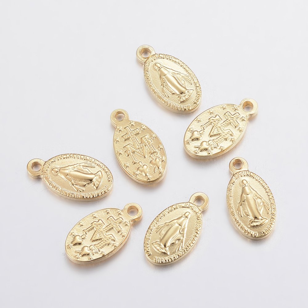 PandaHall 304 Stainless Steel Pendants, Oval with Virgin Mary, Golden, 15x8x2mm, Hole: 1.5mm Stainless Steel Oval