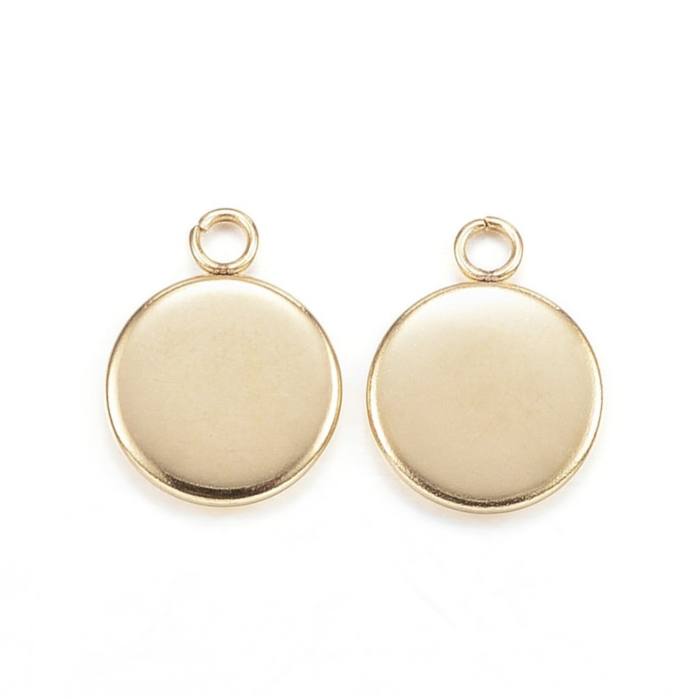 PandaHall 304 Stainless Steel Pendant Cabochon Settings, Flat Round, Golden, Tray: 8mm; 13x10x2mm, Hole: 2mm Stainless Steel Flat Round