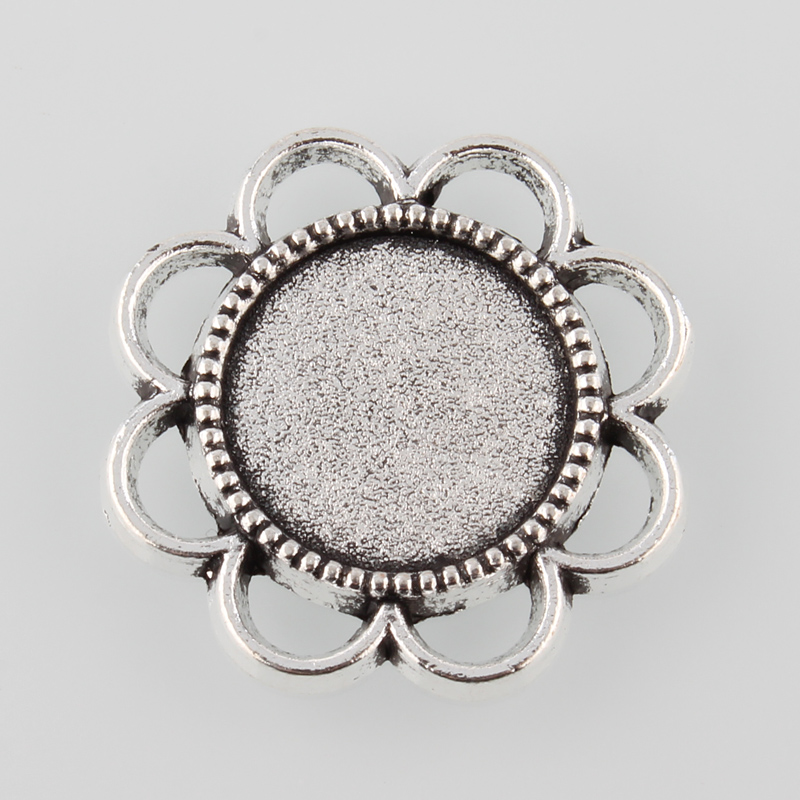 PandaHall Tibetan Style Antique Silver Alloy Flower Tray Cabochon Settings, Tray: 14mm; 25x2.5mm; about 263pcs/1000g Alloy Flower