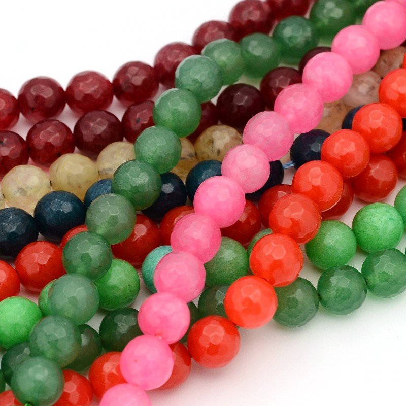 PandaHall Natural Gemstone Beads Strands, White Jade, Faceted Round, Dyed, Mixed Color, about 10mm in diameter, hole: 1mm, 38 pcs/strand...
