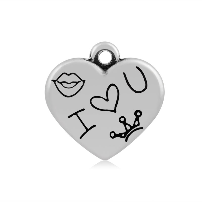 PandaHall Heart with Kiss and Crown, with Word I Love You 316 Stainless Steel Pendants, Antique Silver, 16x16.5x4mm, Hole: 2mm Stainless...