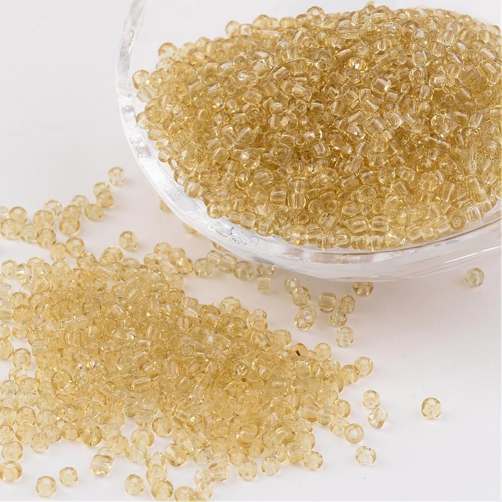 PandaHall 8/0 Glass Seed Beads, Transparent, Round, PaleGoldenrod, 3mm, Hole: 1mm; about 1097pcs/50g Glass Yellow