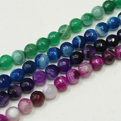 PandaHall Natural Agate Strands, Stripes, Faceted, Dyed, Round, Mixed Color, 8mm in diameter, Hole: 1mm Natural Agate Round Multicolor