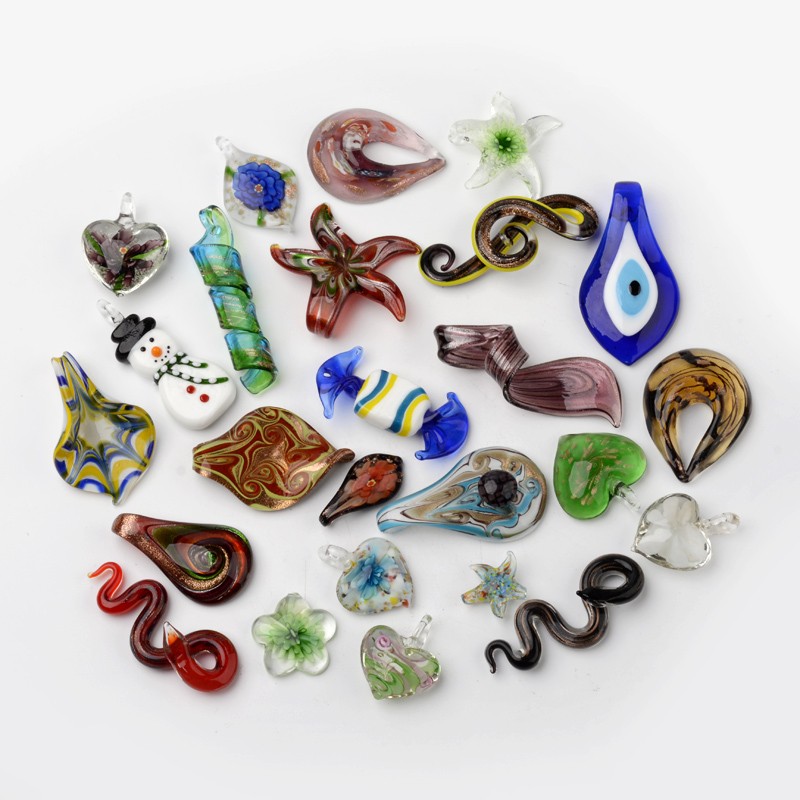 PandaHall Mixed Shape Handmade Lampwork Pendants, Mixed Color, 40~75x25~40x4~15mm, Hole: 7~10mm Lampwork Mixed Shapes Multicolor