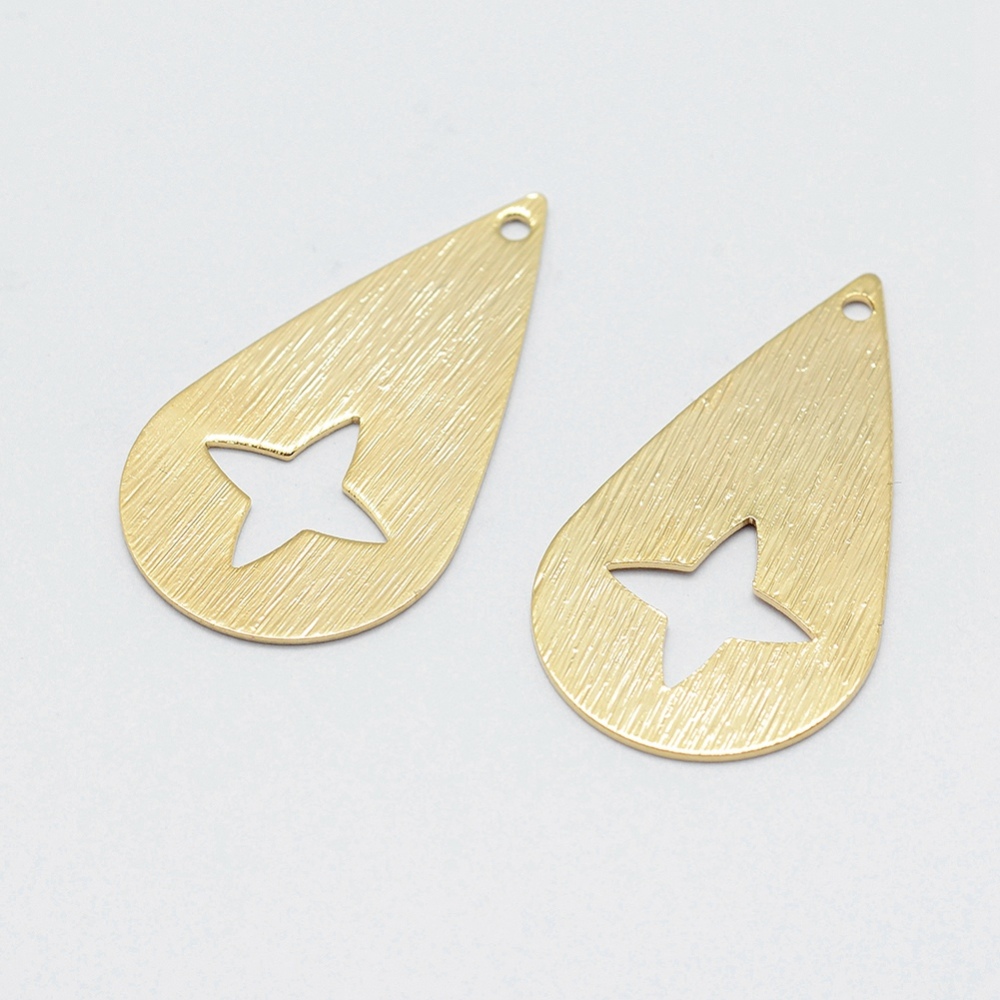 PandaHall Brass Drawbench Pendants, Long-Lasting Plated, Real 18K Gold Plated, Nickel Free, Drop, 27x15x0.5mm, Hole: 1mm Brass Drop