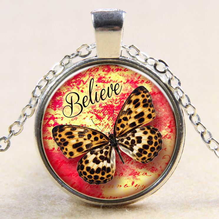 PandaHall Butterfly with Believe Pattern Flat Round Glass Pendant Necklaces, with Alloy Chains, Silver, 18" Glass