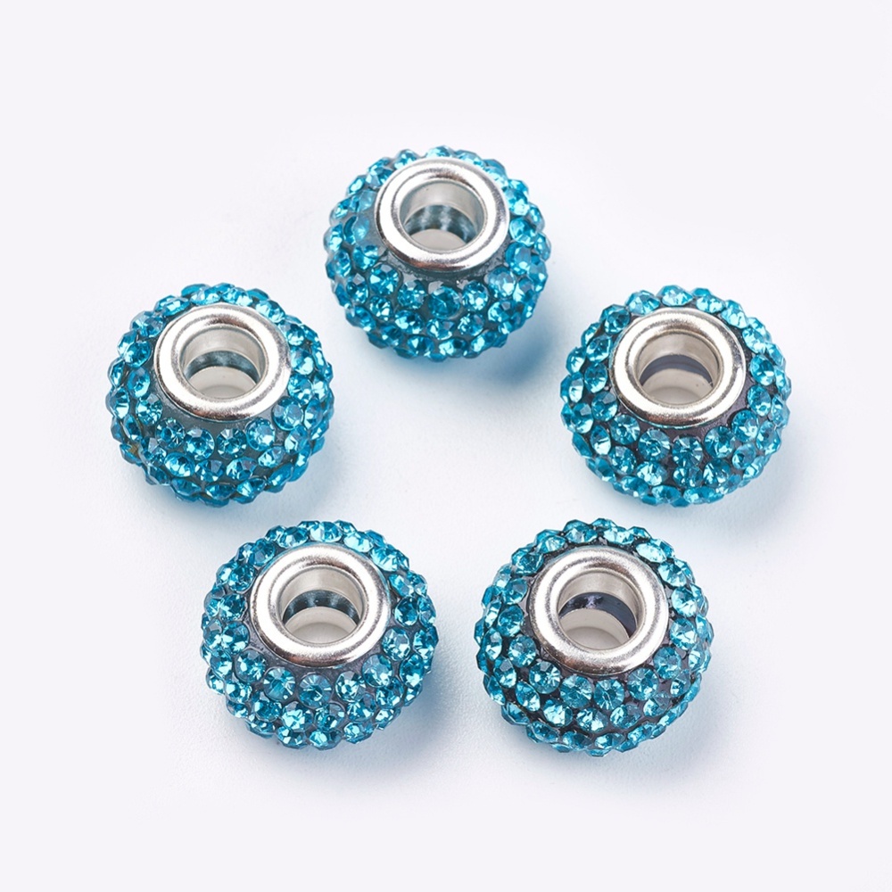 PandaHall Grade A Rhinestone European Beads, Large Hole Beads, Resin, with Silver Color Brass Core, Rondelle, Aquamarine, 15x10mm, Hole: 5mm...
