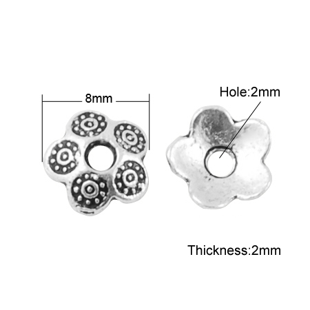 PandaHall Tibetan Style Caps, Cadmium Free & Nickel Free  & Lead Free, Flower, Antique Silver, 8x2mm, Hole: 2mm Alloy
