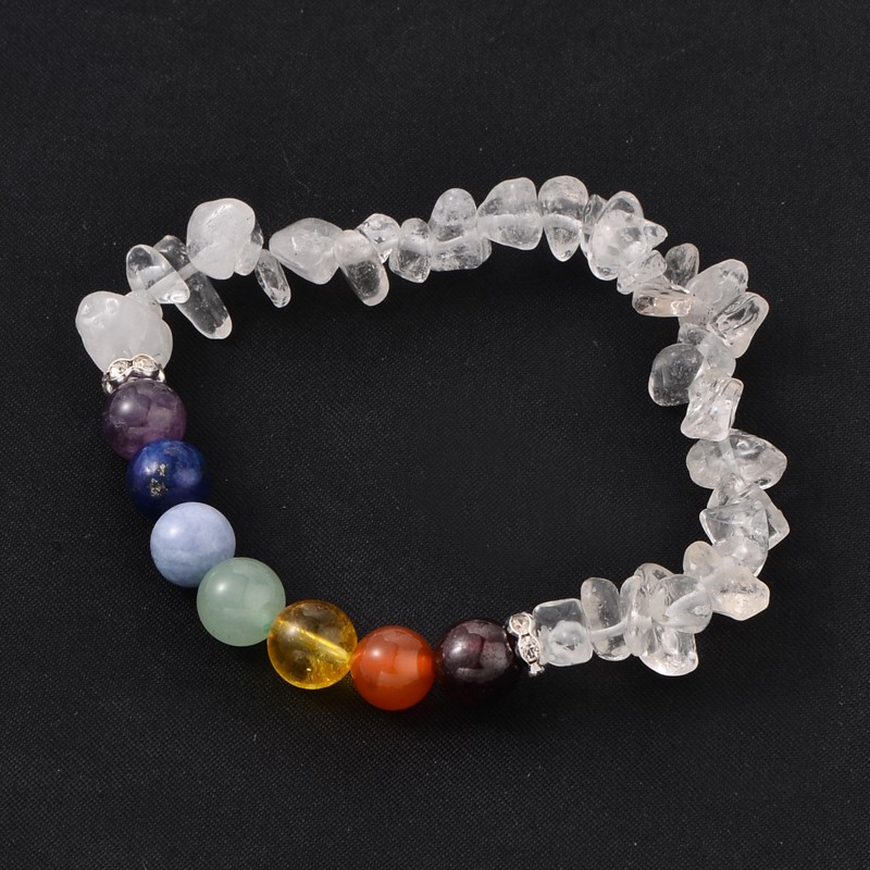 PandaHall Chips and Round Chakra Natural Gemstone Beaded Strench Bracelets, Crystal, 50~53mm Quartz Crystal Silver
