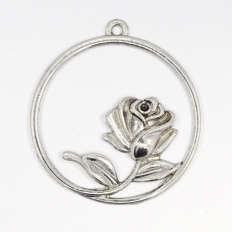 PandaHall Alloy Flat Round with Rose Pendants, Lead Free and Cadmium Free, Antique Silver, about 35mm in diameter, 2mm thick, hole: 2mm...