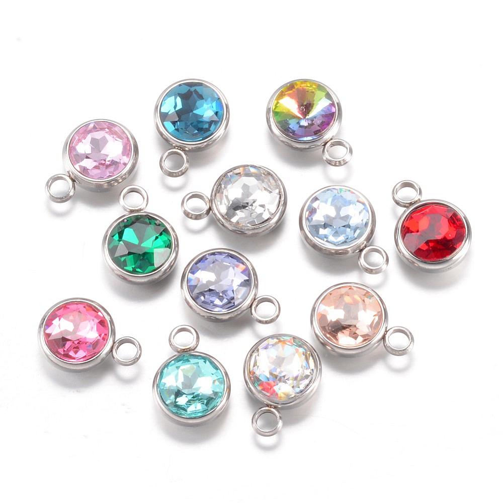 PandaHall 304 Stainless Steel Glass Rhinestone Charms, Faceted, Flat Round, Mixed Color, 14x10x7mm, Hole: 2.5mm Glass Flat Round Multicolor