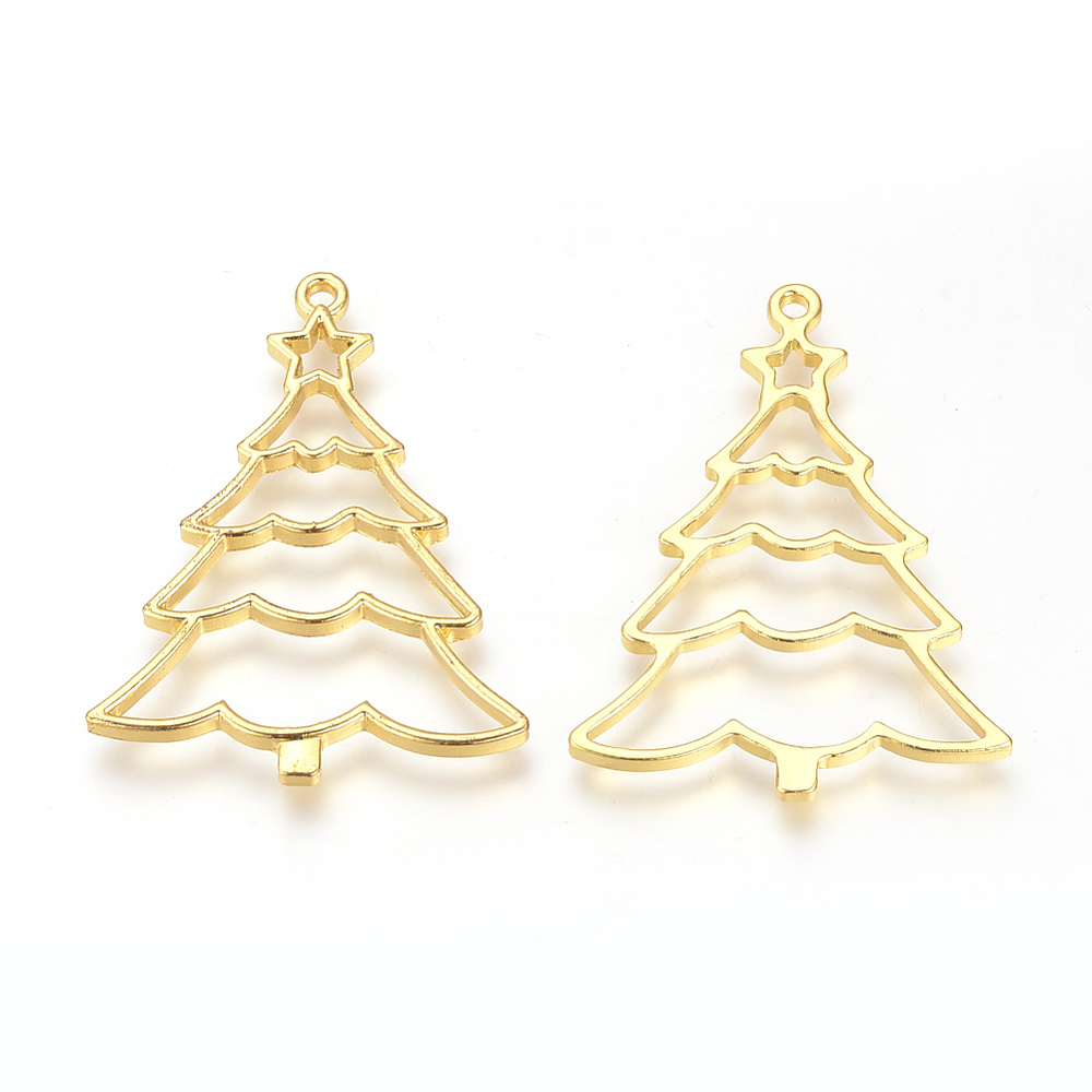 PandaHall Alloy Open Back Bezel Pendants, For DIY Resin, Pressed Flower Jewelry, Christmas Trees, Golden, 44x34x2.5mm, Hole: 2mm Alloy Tree