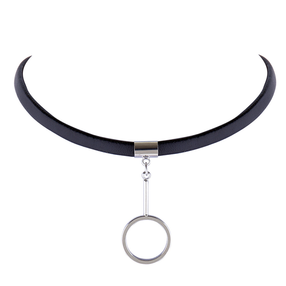 PandaHall Gothic PU Leather Choker Necklaces, with Alloy Circle, Platinum, 12.4" Imitation Leather
