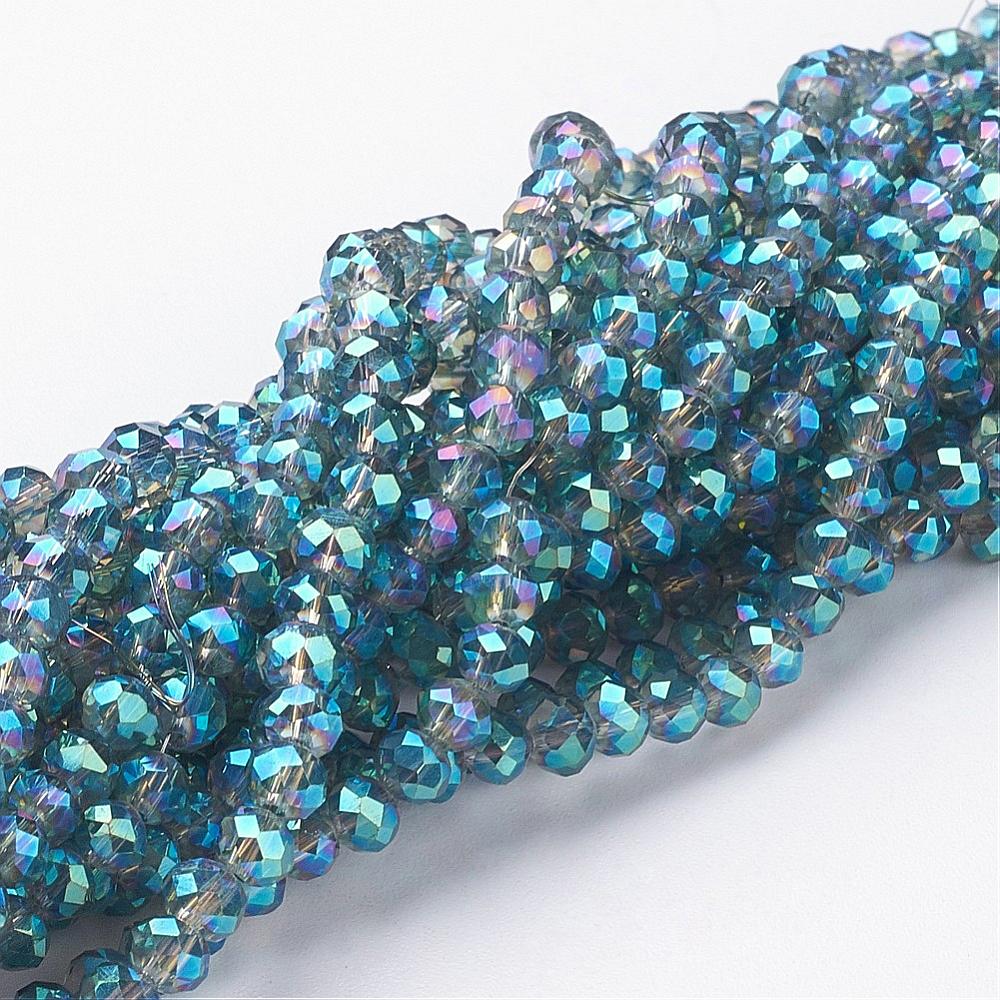 PandaHall Electroplate Glass Beads Strands, Faceted Rondelle, Turquoise, 4x3mm, Hole: 1mm; about 140pcs/strand, 16.5" Glass Rondelle Green