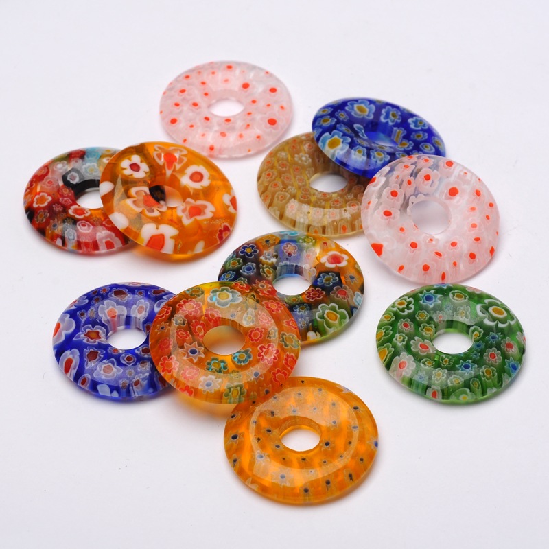 PandaHall Donut Millefiori Glass Pendants, Mixed Color, 29~30x4~6mm, Hole: 8mm Millefiori Lampwork Donut Multicolor