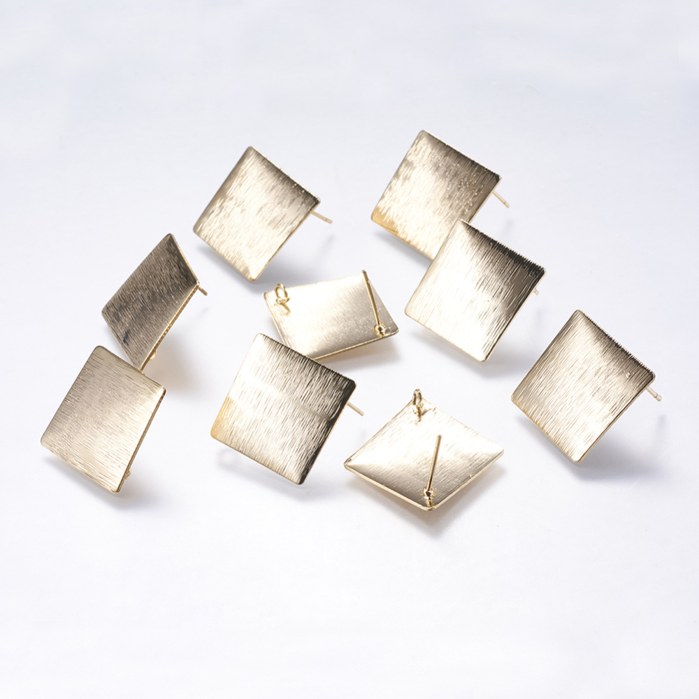 PandaHall Drawbench Brass Stud Earring Findings, Rhombus, Real Gold Plated, 18x18x0.6mm, Hole: 2mm; Pin: 0.5mm Brass