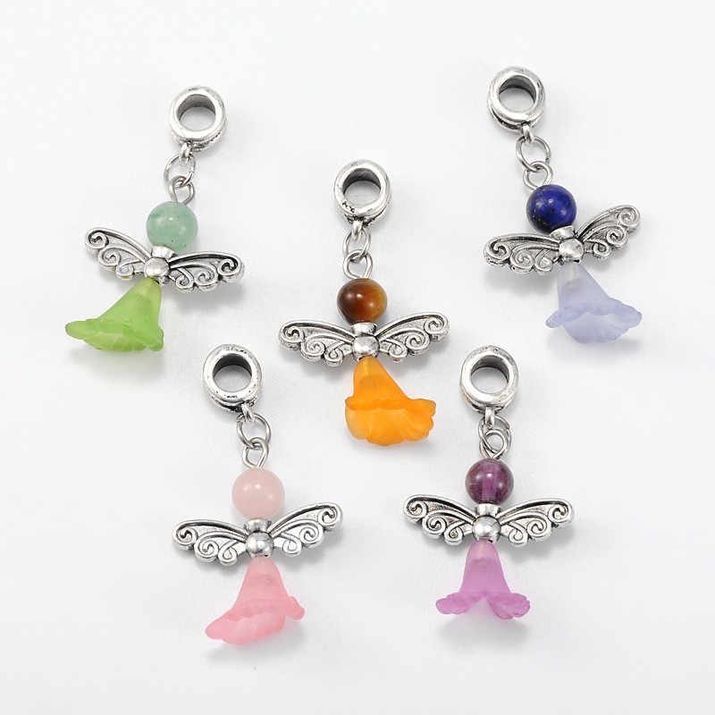 PandaHall Lovely Wedding Dress Angel Alloy European Dangle Large Hole Pendants, with Mixed Stone Beads and Transparent Acrylic Beads, 38mm...